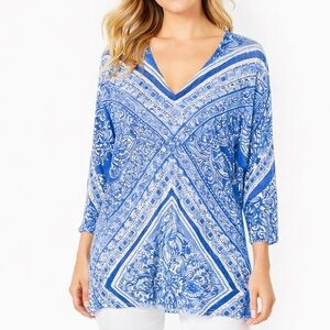 Lilly Pulitzer Jameson Tunic Open Water Print Blue Linen Sweater XS/S Coastal